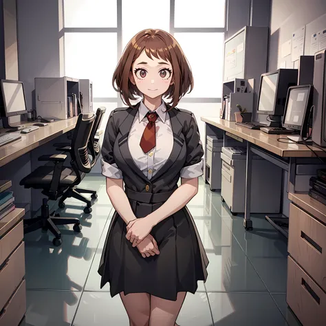 ((uraraka ochako)), ​masterpiece, sitting, office background, minimalist art, detailded, meticulous art, no defects, character f...