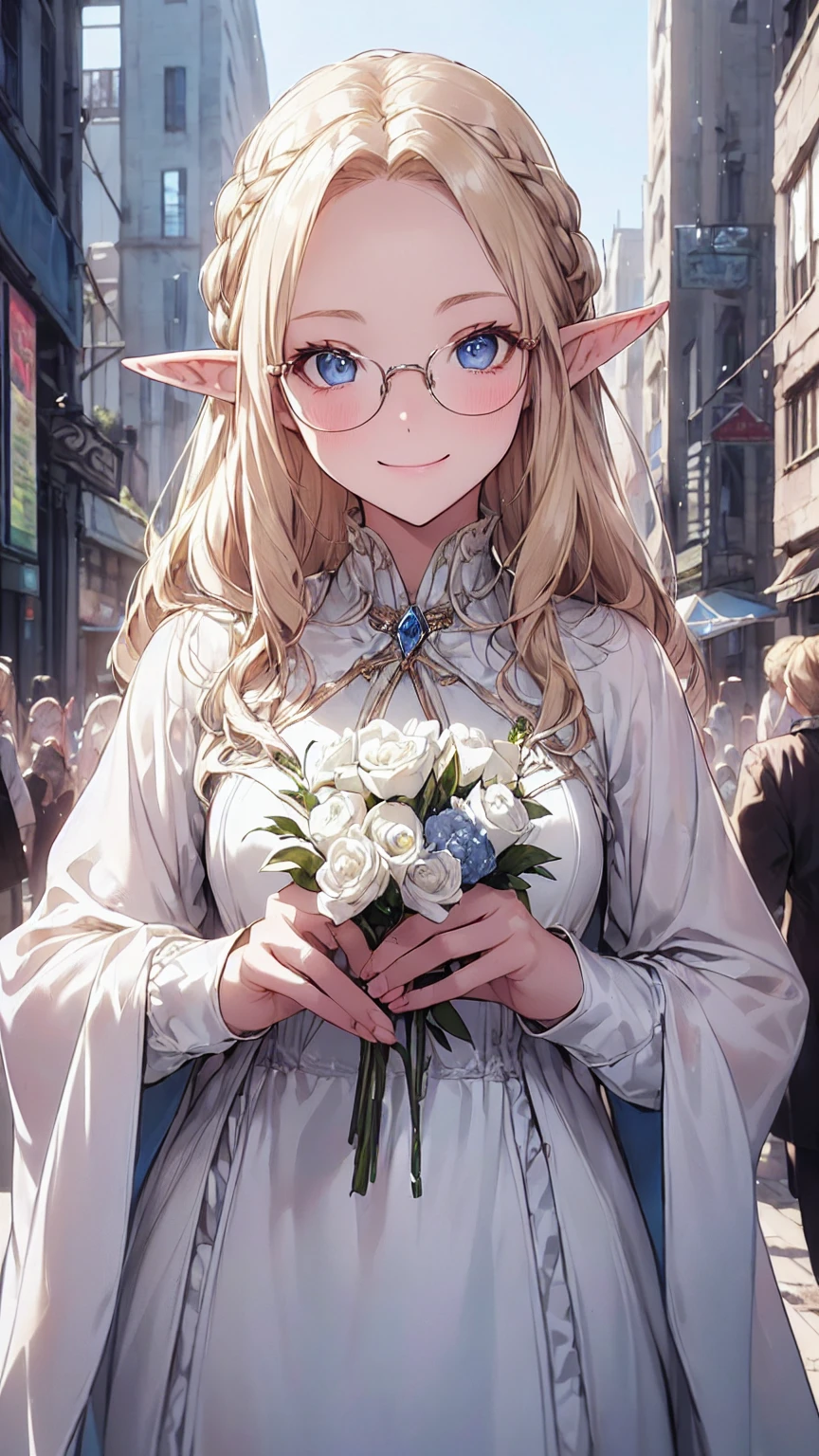 Very close、((Focus on the upper body))、16K、masterpiece、High resolution、High resolution、((1 young elven woman))、((Beautiful white skin))、((Beautiful blonde、Wide forehead visible、Glasses))、short hair、((Beautiful Blue Eyes))、((Pointed Ears))、Smiling Kindly、blush、((Formal wear))、((In a crowded city))、Courting me