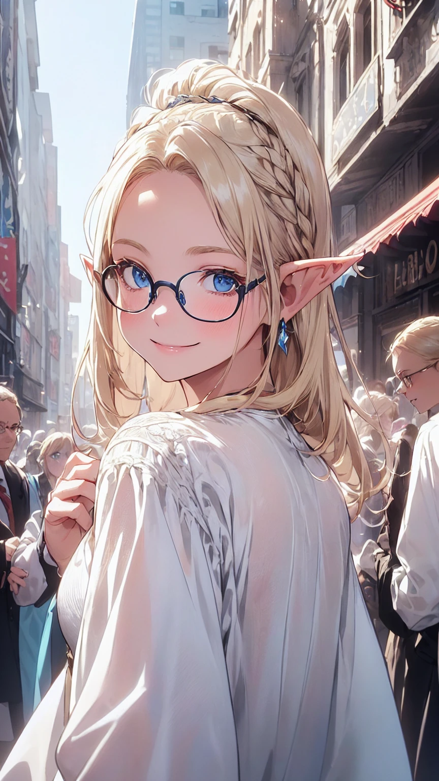 Very close、((Focus on the upper body))、16K、masterpiece、High resolution、High resolution、((1 young elven woman))、((Beautiful white skin))、((Beautiful blonde、Wide forehead visible、Glasses))、short hair、((Beautiful Blue Eyes))、((Pointed Ears))、Smiling Kindly、blush、((Formal wear))、((In a crowded city))、Courting me