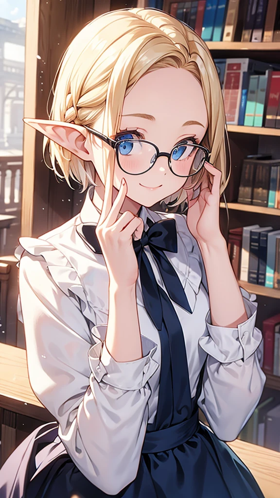 Very close、((Focus on the upper body))、16K、masterpiece、High resolution、High resolution、((1 young elven woman))、((Beautiful white skin))、((Beautiful blonde、Very Short Hair、Wide forehead visible、Glasses))、((Beautiful Blue Eyes))、((Pointed Ears))、Smiling Kindly、blush、((Formal wear))、((library))、Courting me