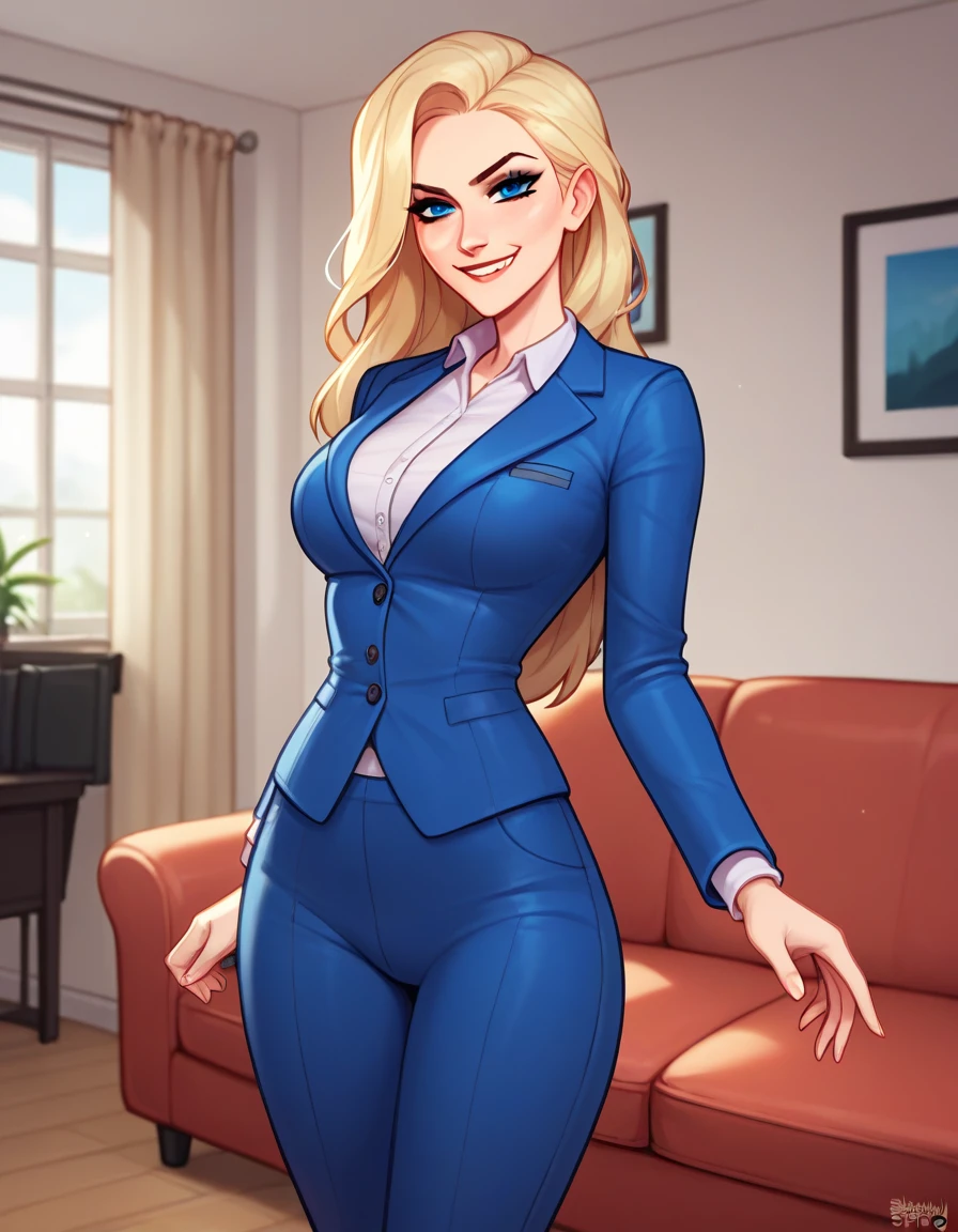 score_9, score_8_up, score_7_up, score_6_up, score_5_up, score_4_up, solo, blushyspicy, standing, female, futanari, smirk, (mouth closed:1.2), (blue clothing:1.2), blue suit, suit pants, blue eyes, long hair, blonde hair, (looking at viewer:1.1), inside, living room, couch, masterpiece, best quality