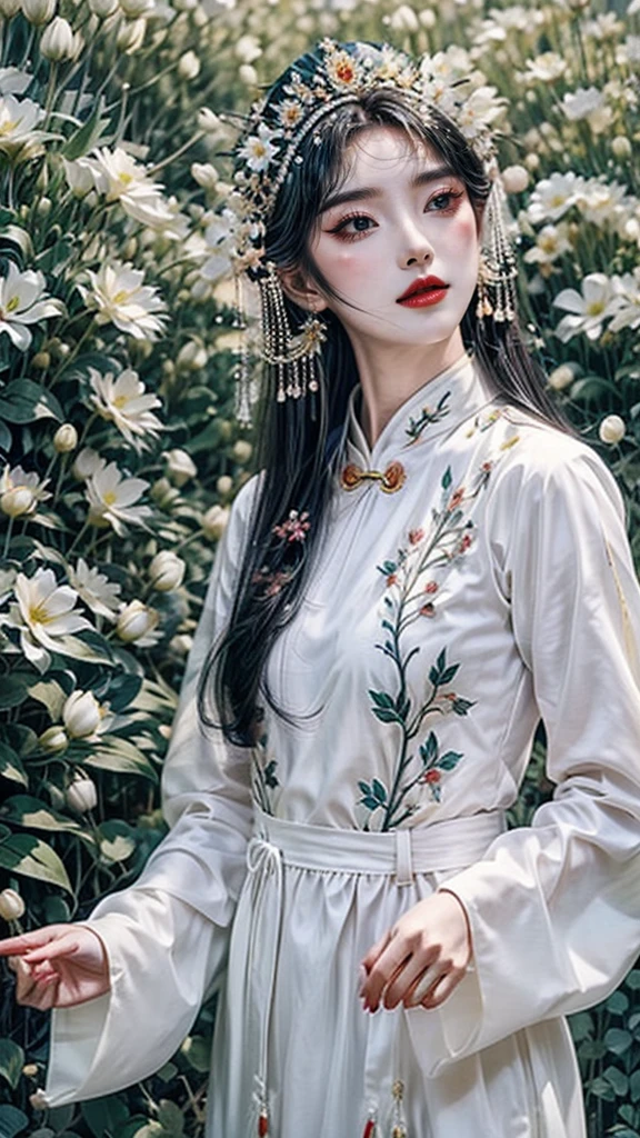 Girls wearing Ao Dai are sewn from thin silk or cotton cloth, With a long one、Close fitting white style，Very refined, The peacock pattern on the front of the shirt is very detailed, The girl is standing in a very gorgeous space，There are a lot of details
