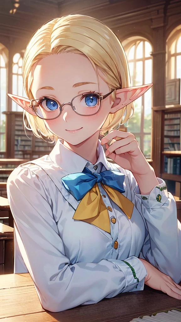 Very close、((Focus on the upper body))、16K、masterpiece、High resolution、High resolution、((1 young elven woman))、((Beautiful white skin))、((Beautiful blonde、Very Short Hair、Wide forehead visible、Glasses))、((Beautiful Blue Eyes))、((Pointed Ears))、Smiling Kindly、blush、((school uniform))、((library))、Courting me