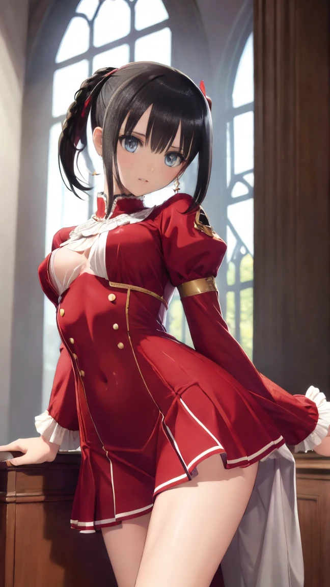 4K,Highest quality, Amazing details,masterpiece,anime, Ultra-high resolution,If you look closely at the eyes, Best illustrations, Very condensed one girl, （Very delicate and cute face）,Small breasts,Black Hair，（（Chignon Hair））,（（Sexy red and black dress））,,（Earrings,（The skirt is knee-length）,,,My age is 17,(palace)，（beautiful cathedral）,church,Are standing