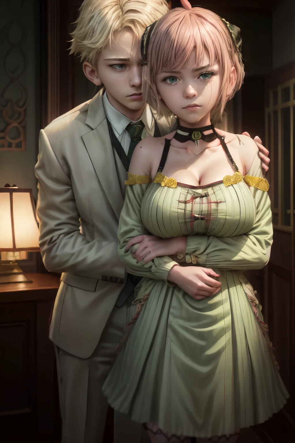 (masterpiece, best quality:1.2), high resolution, intricate details, extremely detailed, realistic and sharp details, (full body), hetero, couple, ((Anya Forger, anya_forger_spyxfamily, anime_style, pink hair, short bob hair, hairpods, green eyes, choker, wearing a lingerie, thin strap, gigantic huge breasts, cleavage, 18 yo woman)), ((1boy, Loid Forger, blonde hair, wearing light green business suit)), (Loid hugging Anya from behind:1.8), detailed face, detailed eyes, pale skin, photo background, indoors, 