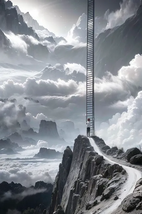 8k, ultra hd, a black and white illustration of a stepstair that leads the the heaven in the sky. clouds. a man at the top of th...