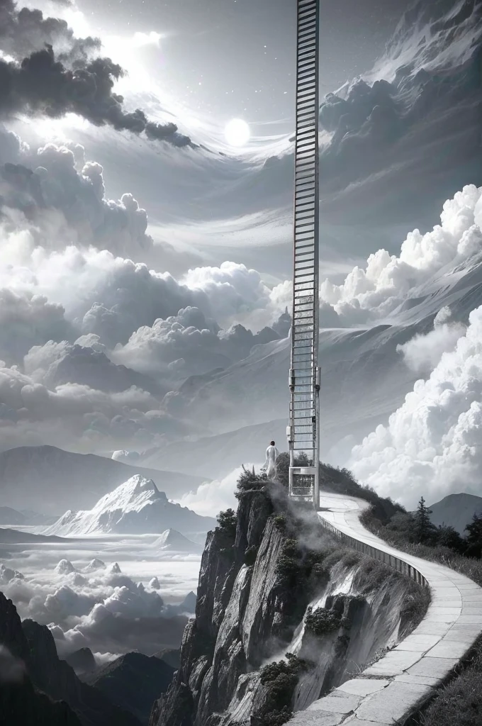 8K, Ultra HD, a black and white illustration of a stepstair that leads the the Heaven in the sky. Clouds. A man at the top of the hill waiting to climb the stairway to Heaven. (B&W:1.5)