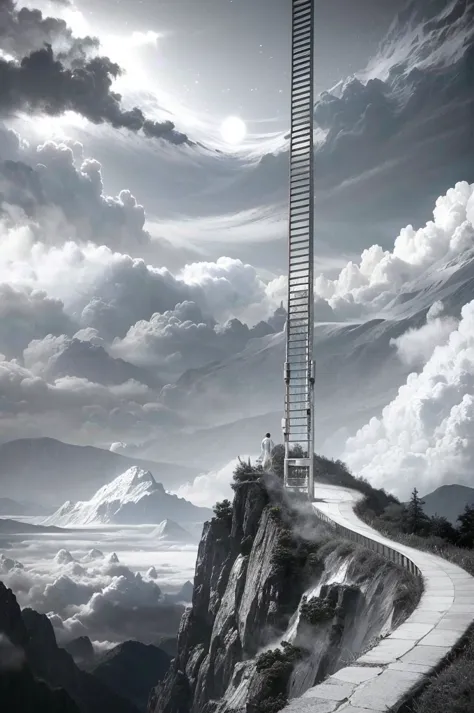 8k, ultra hd, a black and white illustration of a stepstair that leads the the heaven in the sky. clouds. a man at the top of th...