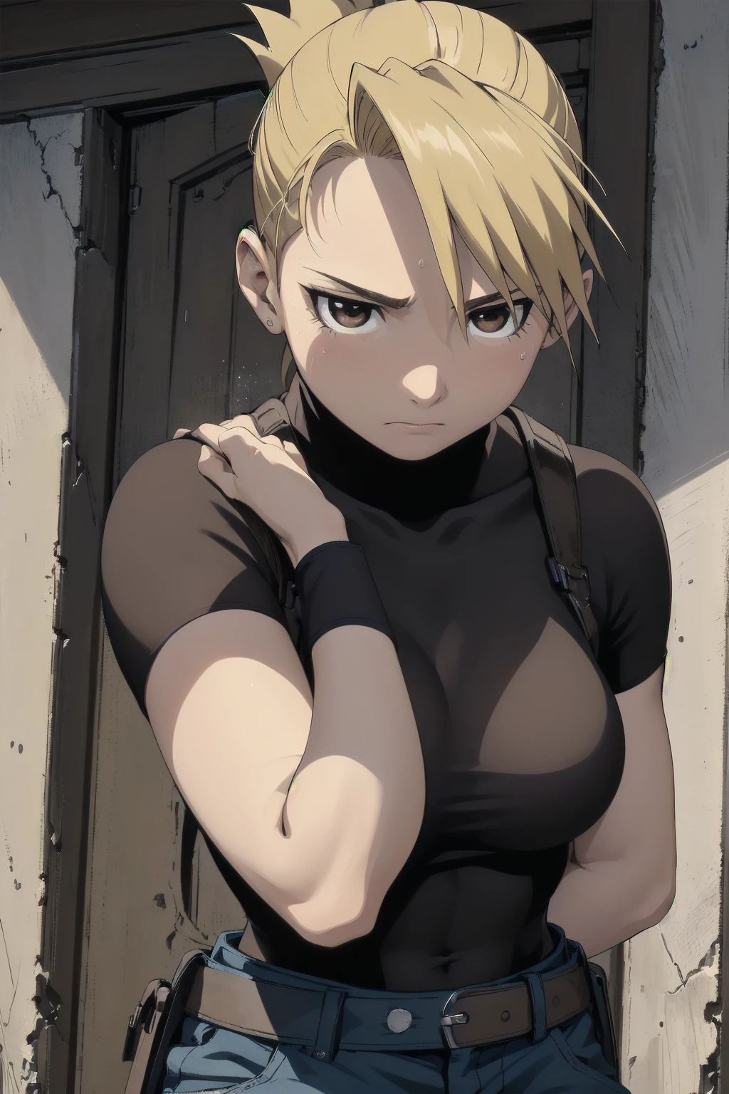 masterpiece, highest quality, High resolution, One Girl, Hamriz, ponytail, Brown eyes,big , Black Shirt, Tight shirt, holster, Short sleeve, belt, Covered navel, Blue pants,indoor、Upper body close-up、Muscular body、blush、Sweat、Composition from the front、anime、(((Close-up of a person、Facing forward)))