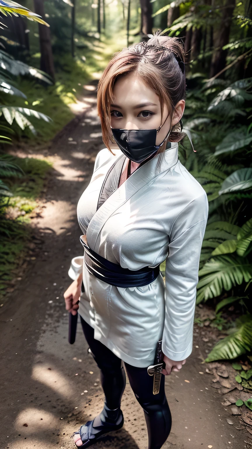 (was:1.3、((A female ninja standing in a fighting position with a weapon in the forest:1.5)、With background)、(Female ninja with a sword:1.5))、(Realistic、Like a photograph、Live Action、8k, Realistic, RAW Photos, Best image quality: 1.4), Single-lens reflex camera、RAW Photos, Highest quality, Realistic, Highly detailed CG Unity 8k wallpaper, Written boundary depth, Cinematic Light, Lens flare, Ray Tracing, Realistic background、(kunoichi:1.4、wearing a white floral kimono:1.5、A string passes through the chest)、Grey Hair、short hair、Short Ponytail、((Ultra-Dense Skin))、 1 girl,Cute Kunoichi、(whole body:1.5)、I like that style、Pay attention to the details、Perfect outfit、(White skin)、Accurate Arm、Accurate feet、Beautiful legs、Precise thighs、Anatomically correct body、View from above