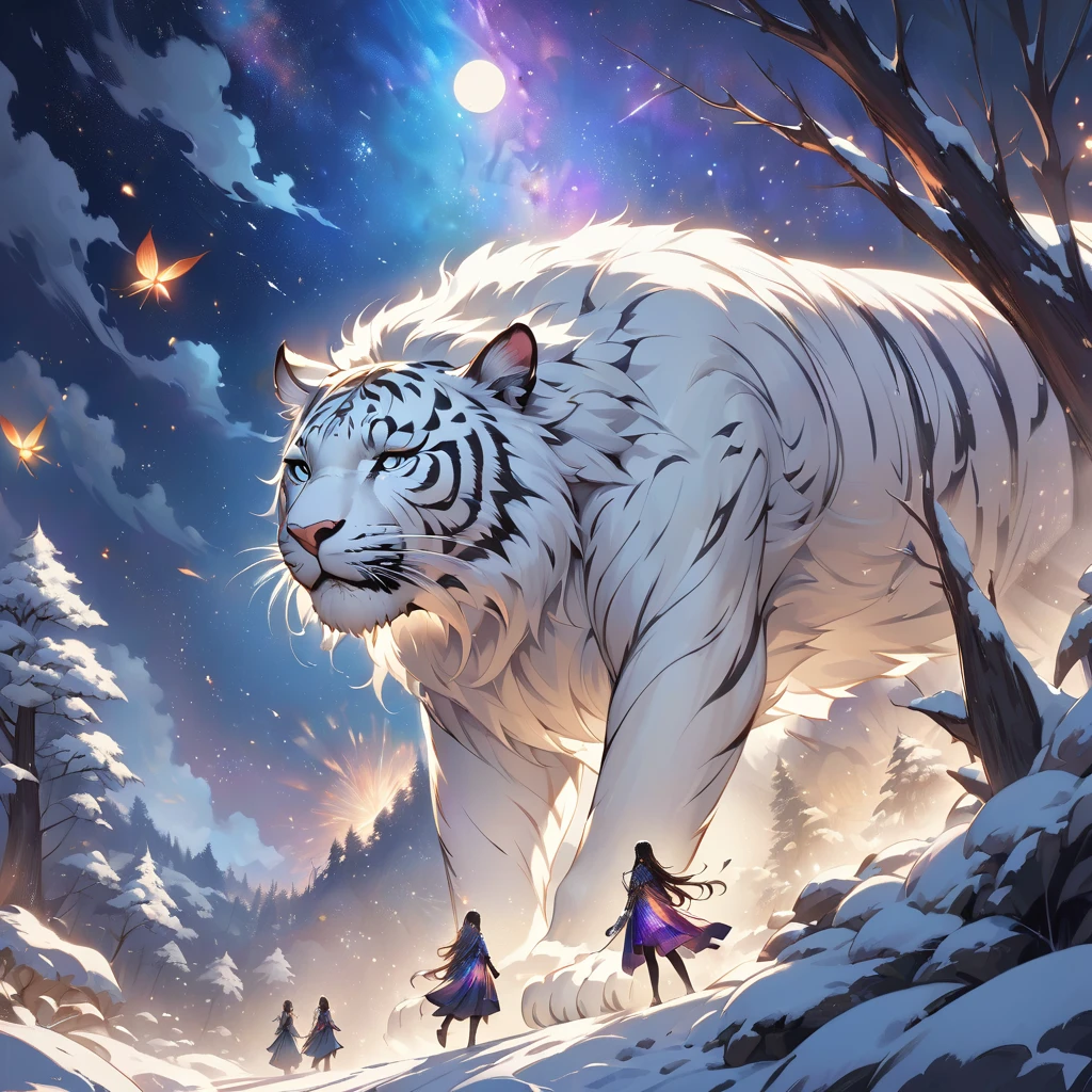 extensive landscape photography (a view from below showing the sky above and an open forest below), beautiful detailed Hindu goddess Durga, riding a fierce white tiger, standing looking at the landscape, full fur, magical fur (light particle around the white tiger), magic particle, magical fur (long and bushy), night setting, (full moon: 1.2), (shooting stars: 0.9), (nebula: 1.3), (warm light source: 1.2), (firefly: 1.2), (snowflake: 1.0), (snow on tree) (masterpiece: 1.2), (best quality), ultra detailed, (dynamic composition: 1.4), very detailed and colorful details, (iridescent colors: 1.2), (bright lighting, ambient lighting), dreamy, magical, (alone: ​​1.2), clean color palette