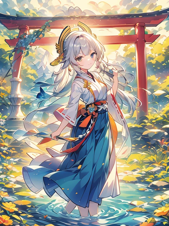 ((Highest quality)), ((masterpiece))、Small breasts are justice、background（Magnificent View）、View from afar、Multiple people、Two women、Two shrine maidens、Dance、prayer、Uplifting、Guidance、(Blue and silver long hair、Blue-green eyes)、(Scarlet long hair、Orange eyes)、Miko costume、Hakama、morning haze、shrine、anime