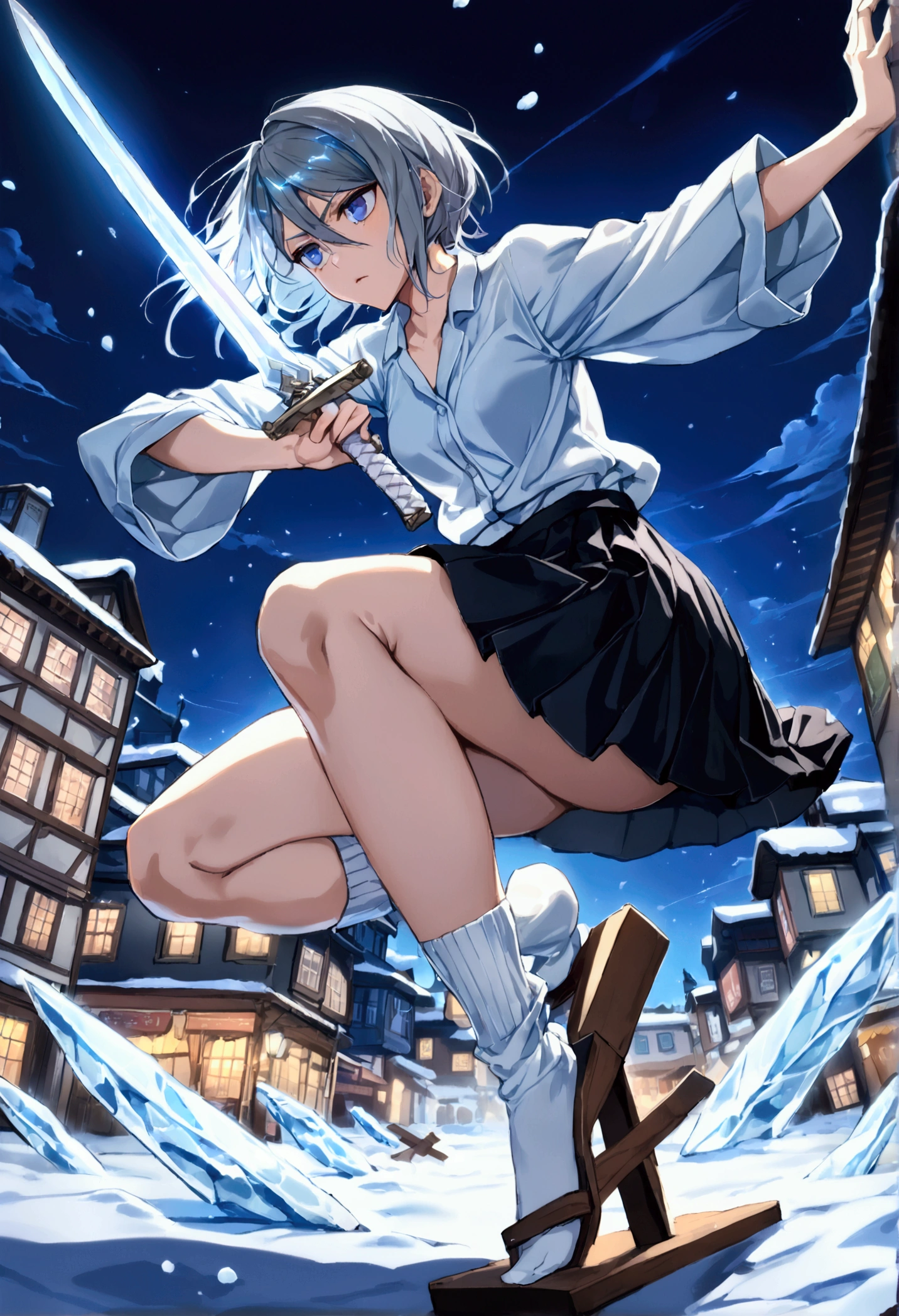 ((Highest quality)),((Very detailed)),((Holding a sword,Pale-white shining sword)), ((Town square at night,)), ((Blue mesh on hair)),masterpiece, Detailed face,Beautiful Face, Angle from below, (Fighting), ((ice,snow)),(Long-legged white shirt,Short black skirt,White socks,geta)One girl,((Blue Eyes,Dynamic pose,A slightly fluffy shirt)) , Rukia, Gray Hair, short hair, Hair between the eyes, Purple eyes, Small breasts,cold