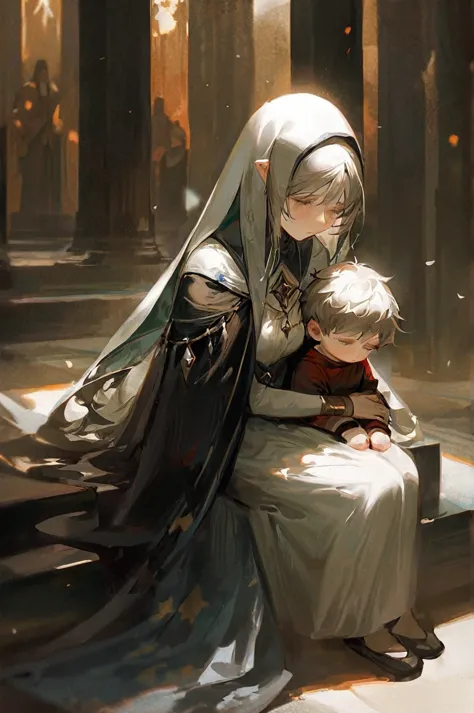 priestess, sad mother sitting with her son&#39;s body on her lap, with white hair on her lap, long white hair, field of flowers,...