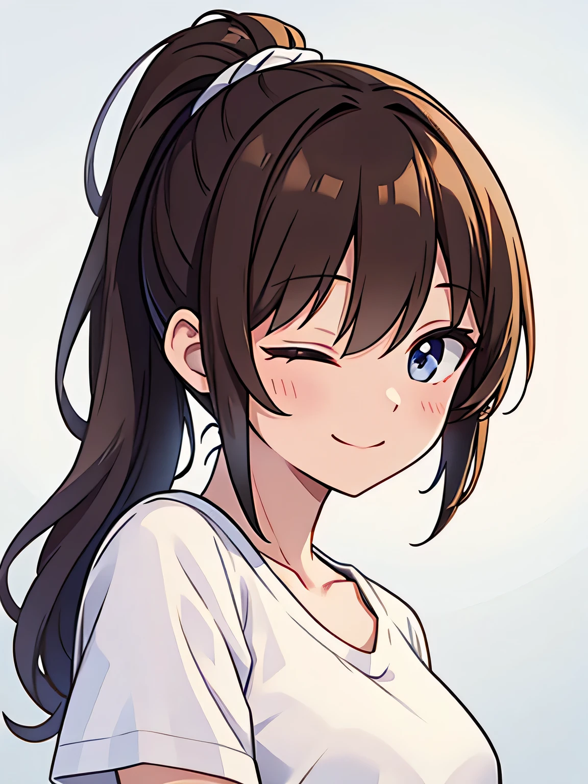 woman、Brown Hair、Face close-up、Shiny、smile、Beautiful skin、One eye closed、ponytail、White T-shirt