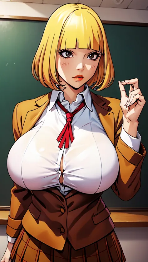 hnmdrkw-kj , brown eyes , brown jacket, collared shirt, neck ribbon, plaid skirt, school uniform, blonde hair, masterpiece, 8k, ...