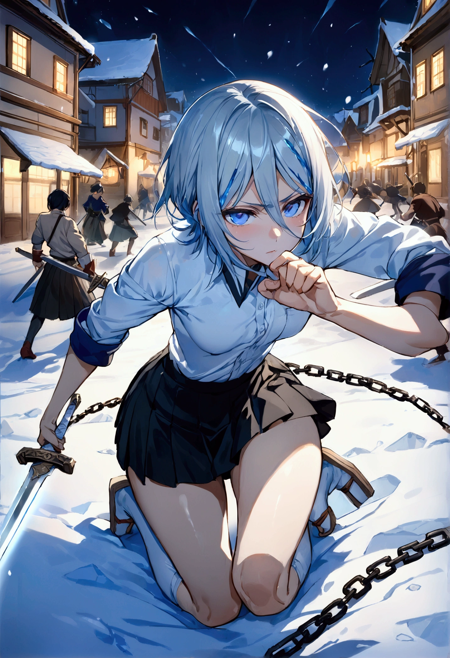 ((Highest quality)),((Very detailed)),((He has two swords attached to a chain.,Pale-white shining sword,Two-Way)), ((Town square at night,)), ((Blue mesh on hair)),masterpiece, Detailed face,Beautiful Face, Top view, (Fighting), ((ice,snow)),(Long-legged white shirt,Short black skirt,White socks,geta)One girl,((Blue Eyes,Dynamic pose,A slightly fluffy shirt)) , Rukia, Gray Hair, short hair, Hair between the eyes, Purple eyes, Small breasts,cold