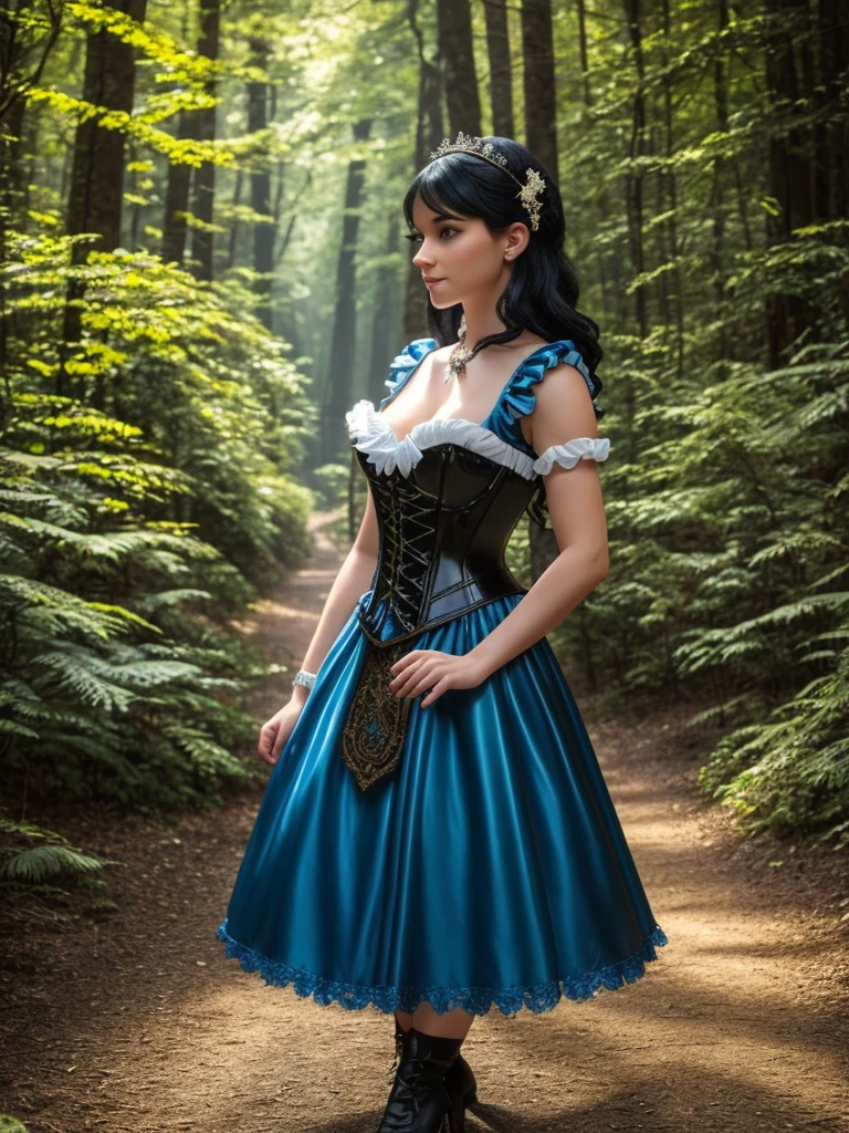 Snow White disney princess in wonderland forest background, walking in wonderful forest with fawn, showing open vagina pussy, Craft an image of a woman with luminescent blue eyes and black hair, clide in a blue-yellow leather bdsm style corset, snow white dress style, Red bow on the hair, silk stockings with support, with open sheved pussy, steampunk, rich in detail and frills, The setting is ethereal, with a backdrop fantasy forest with flowers and butterfles, that accentuates the ornate outfit. Ensure ultra-high-detail, photorealism, and crystal clear 32k resolution for a true masterpiece. 🎀👗✨💎, bmbplora, cutout, clothing, nipples, skirtlift, 