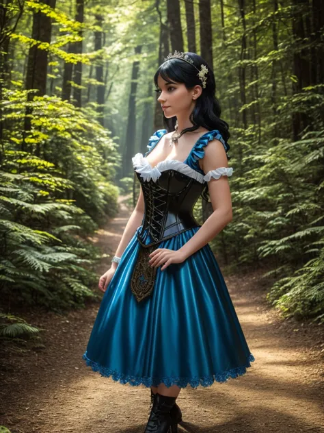 snow white disney princess in wonderland forest background, walking in wonderful forest with fawn, showing open vagina pussy, cr...