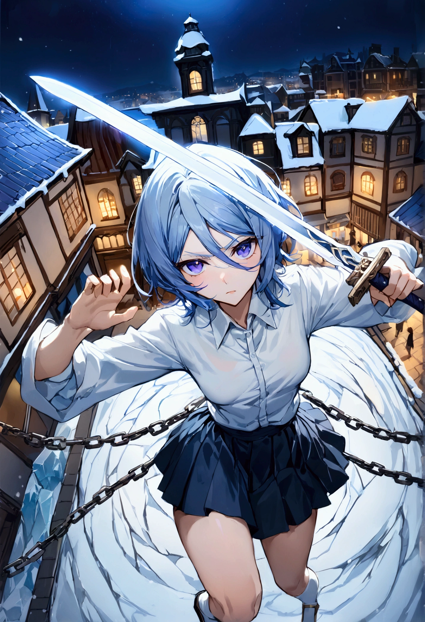 ((Highest quality)),((Very detailed)),((Holding two swords,Pale-white shining sword,Two-Way,The swords are connected by a chain)), ((Town square at night,)), ((Blue mesh on hair)),masterpiece, Detailed face,Beautiful Face, Top view, (Fighting), ((ice,snow)),(Long-legged white shirt,Short black skirt,White socks,geta)One girl,((Blue Eyes,Dynamic pose,A slightly fluffy shirt)) , Rukia, Gray Hair, short hair, Hair between the eyes, Purple eyes, Small breasts,cold
