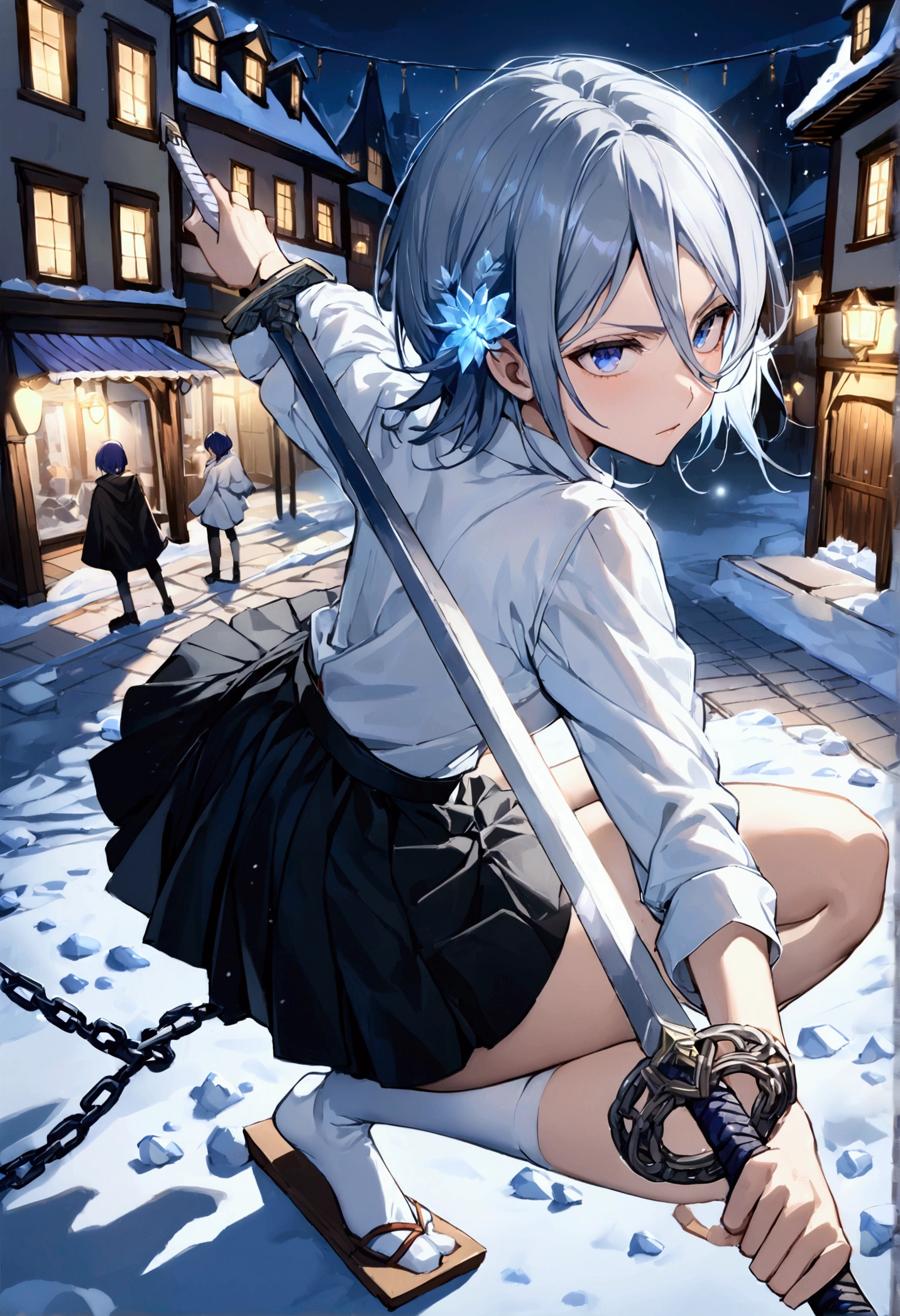 ((Highest quality)),((Very detailed)),((Holding two swords,Pale-white shining sword,Two-Way,The swords are connected by a chain)), ((Town square at night,)), ((Blue mesh on hair)),masterpiece, Detailed face,Beautiful Face, Top view, (Fighting), ((ice,snow)),(Long-legged white shirt,Short black skirt,White floral pattern on skirt,White socks,geta)One girl,((Blue Eyes,Dynamic pose,A slightly fluffy shirt)) , Rukia, Gray Hair, short hair, Hair between the eyes, Purple eyes, Small breasts,cold