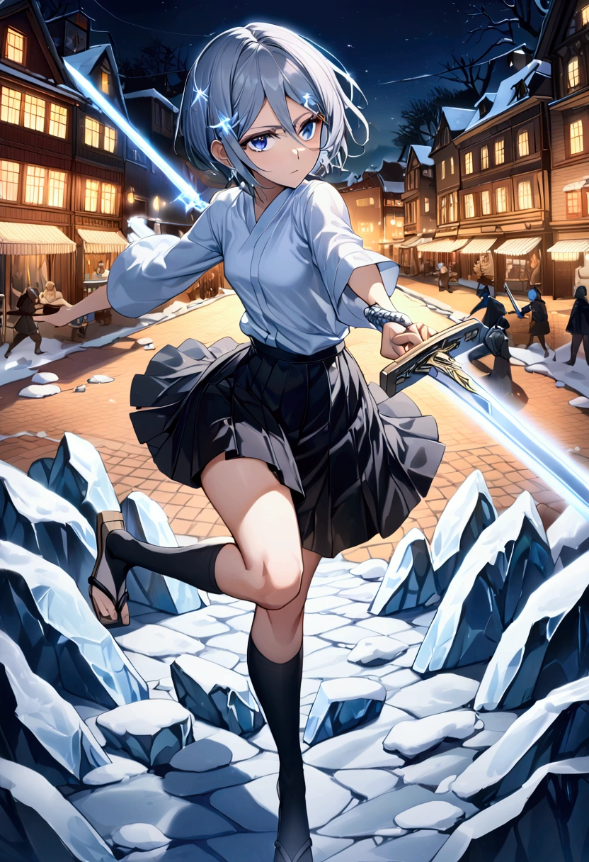 ((Highest quality)),((Very detailed)),((Holding two swords,Pale-white shining sword,Two-Way,The swords are connected by a chain)), ((Town square at night,)), ((Blue mesh on hair)),masterpiece, Detailed face,Beautiful Face, Top view, (Fighting), ((ice,snow)),(Long-legged white shirt,Short black skirt,White floral pattern on skirt,White socks,geta)One girl,((Blue Eyes,Dynamic pose,A slightly fluffy shirt)) , Rukia, Gray Hair, short hair, Hair between the eyes, Purple eyes, Small breasts,cold