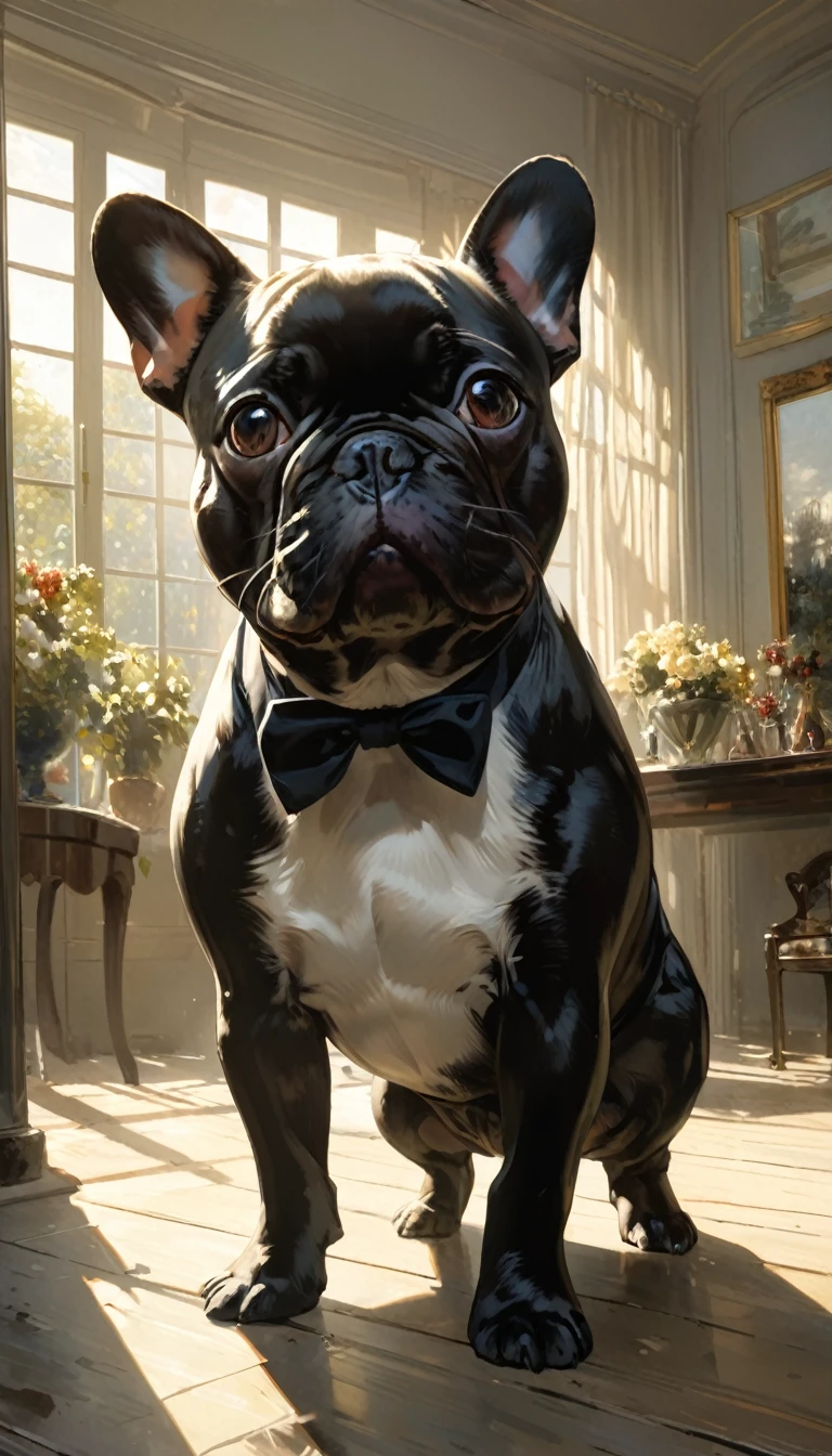 Cute French Bulldog greets viewers, Pierre＝Art by Auguste Renoir and Jeremy Mann, (Viewpoint angle:1.2), Realistic, Ray Tracing, Beautiful lighting,masterpiece