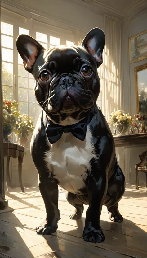 cute french bulldog greets viewers, pierre＝art by auguste renoir and jeremy mann, (viewpoint angle:1.2), realistic, ray tracing,...