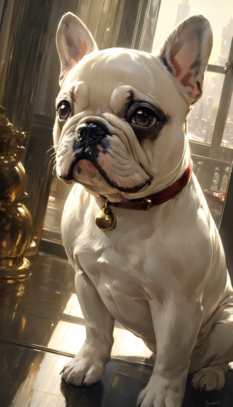 Cute French Bulldog greets viewers, Pierre＝Art by Auguste Renoir and Jeremy Mann, (Viewpoint angle:1.2), Realistic, Ray Tracing, Beautiful lighting,masterpiece