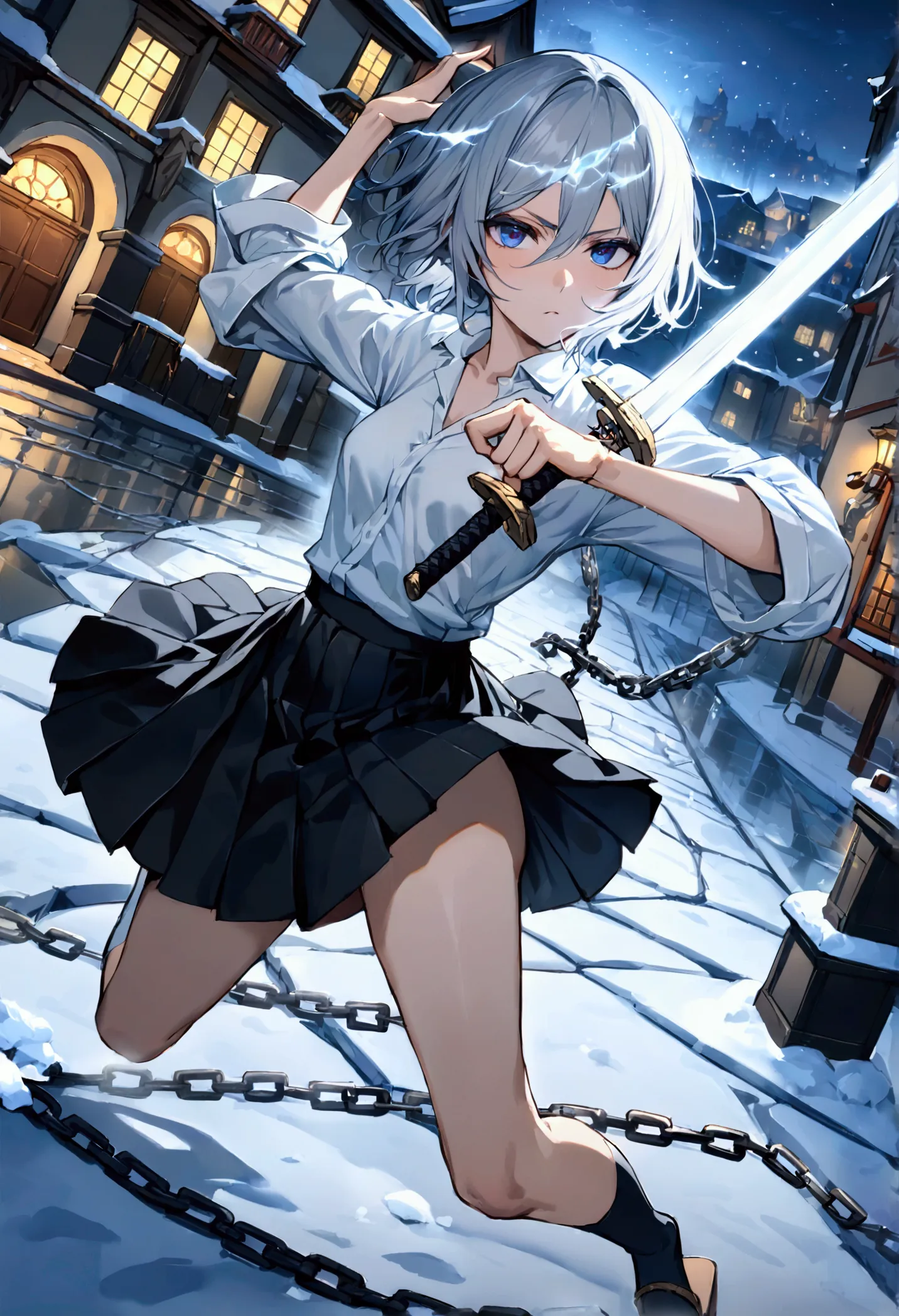 ((highest quality)),((very detailed)),(((holding two swords))),((pale-white shining sword,two-way,the swords are connected by a ...