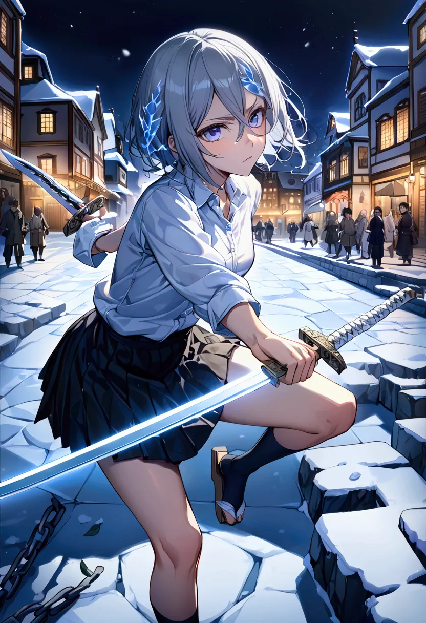 ((highest quality)),((very detailed)),(((holding two swords))),((pale-white shining sword,two-way,the swords are connected by a ...