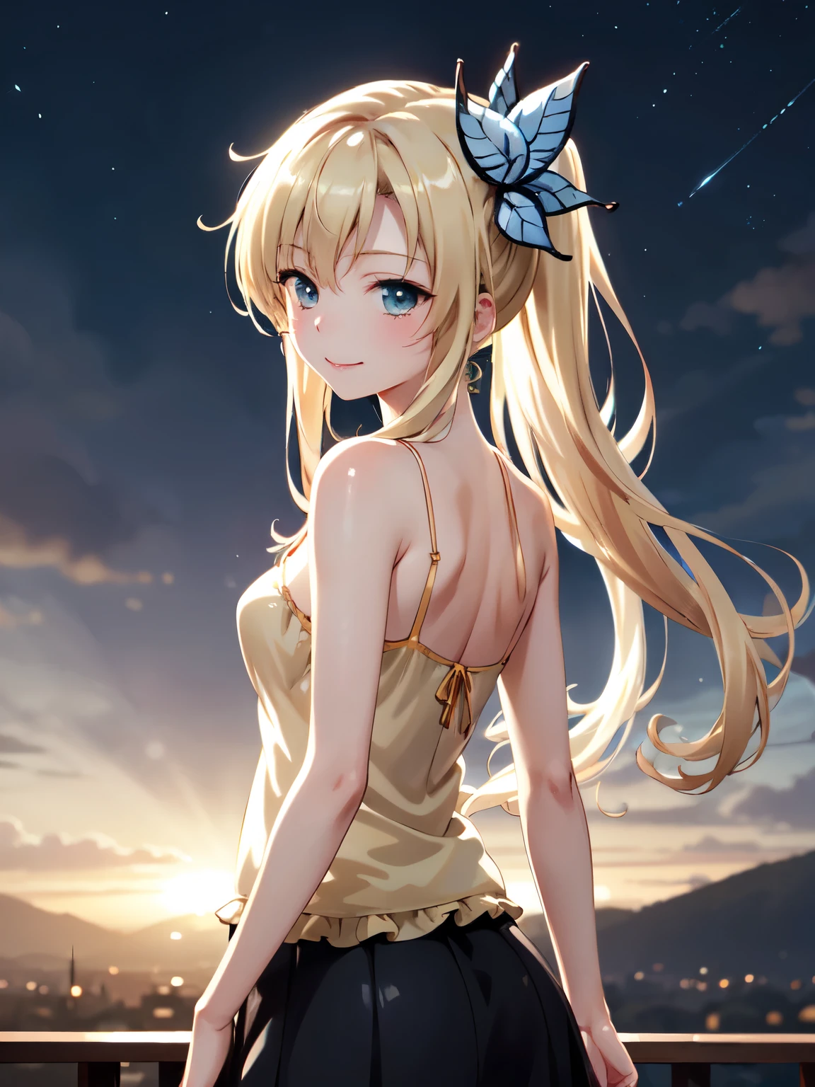 masterpiece, Highest quality, High resolution,smile,(Anime illustration style:1.3), Long Hair, hair ornaments,Highest quality, High resolution, unity 8k wallpaper, Closed Mouth、smile、Shooting from behind、 (Beautiful details:1.6), Highly detailed face, Perfect lighting, Highly detailed CG, (Perfect hands, Perfect Anatomy),camisole、Long skirt、Beautiful Hair、ponytail、Cowboy Shot、