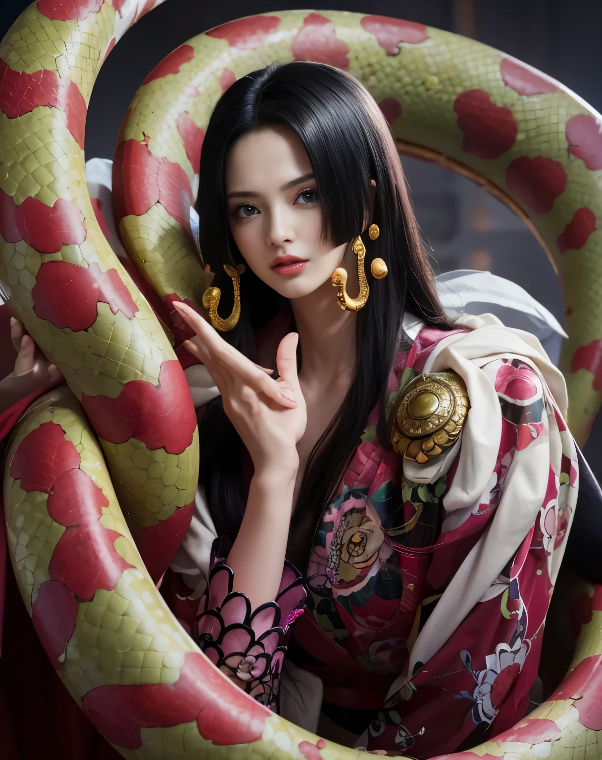 （（（masterpiece+最high quality+High resolution+Hyper Detail））），Boa Hancock，snake，length, Silky black hair，High nose bridge，Sharp Eye，A noble and inviolable character，（（[woman]：1.2+[美しいwoman]：1.2+Long black hair：1.2）），snake background，Shining Eyes，Dynamic angles and beautifully posed hands，Real snake最high quality、high quality、Best image quality、8k、最High resolution、High resolution、最high quality、masterpiece、RAW Photos、Full body photo、Detailed and realistic human body、Detailed and realistic skin、Realistic face in every detail、Realistic reproduction of every detail、Detailed and realistic lips、Detailed and realistic teeth、Detailed and realistic ears、Detailed and realistic hair、Realistic reproduction of every detail、Realistic fingers in every detail、(Beautiful Hands、thumb１reference４)、Realistic feet down to the last detail、Realistic feet down to the last detail、Realistic breasts down to the last detail、