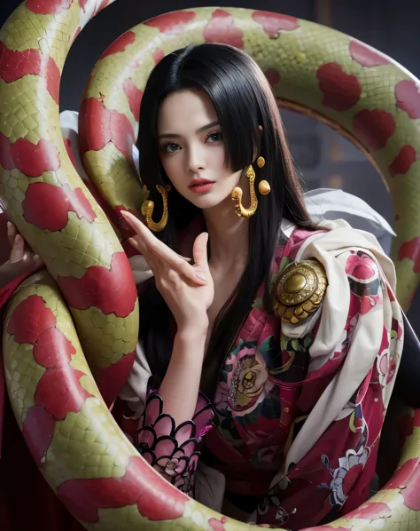 （（（masterpiece+最high quality+high resolution+hyper detail））），boa hancock，snake，length, silky black hair，high nose bridge，sharp e...