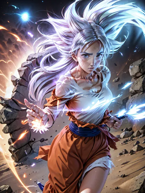 8k, best quality, victoria villarruel dressed as goku, 1 girl, ultra_instinct, white_hair, glowing aura, bright white long hair,...