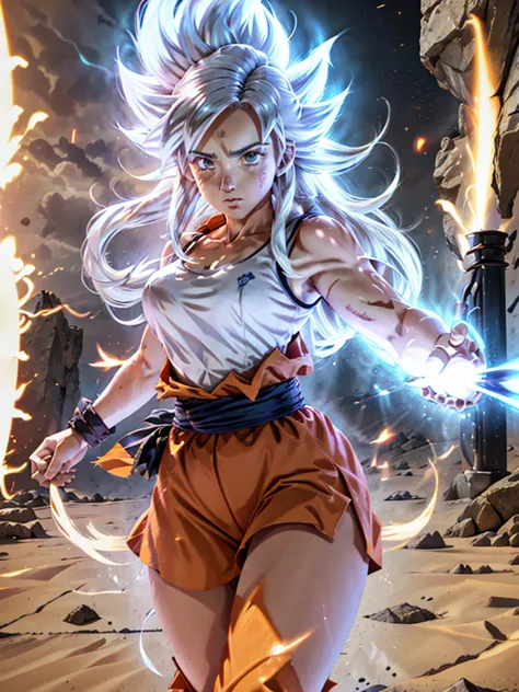 8k, best quality, victoria villarruel dressed as goku, 1 girl, ultra_instinct, white_hair, glowing aura, bright white long hair,...