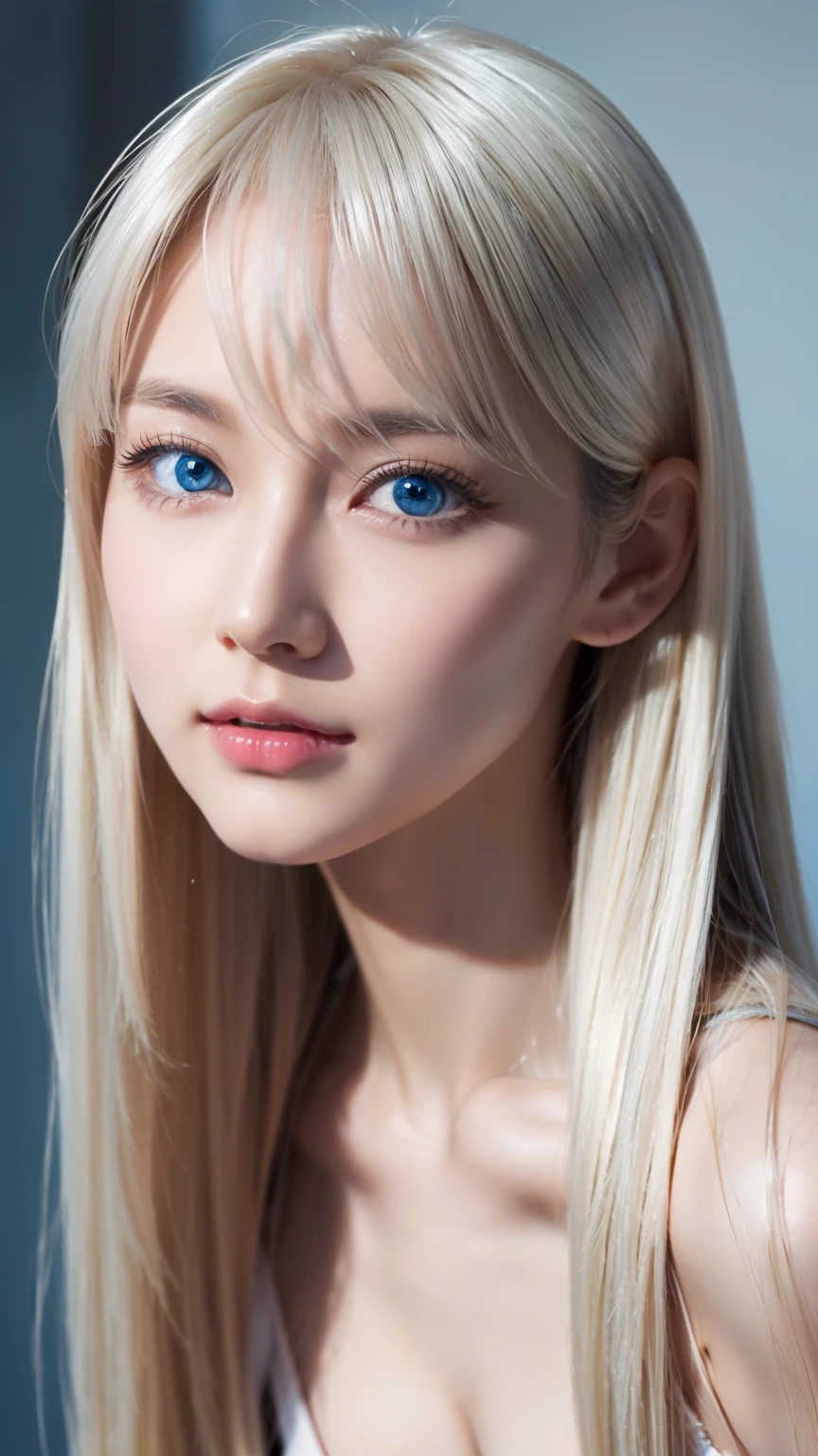 Very beautiful super long straight platinum blonde hair、Beautiful bangs between the eyes、The pieces fly, Highest quality, figure, Extremely detailed, High resolution, 8k wallpaper, Perfect dynamic composition, So beautiful、Large bright light blue eyes with shining detail、Very big eyes, Fitness Wear, Natural color lip,There is cleavage in the chest、Cheek gloss highlighter、White skin、Small Face Beauty、Beautiful girl at 22 years old、Round face