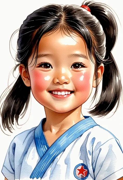 hand-drawn watercolor illustration, one girl,north korea、north korea、north koreaの民族衣装、((chima jeogori))、black hair（ponytail、fore...