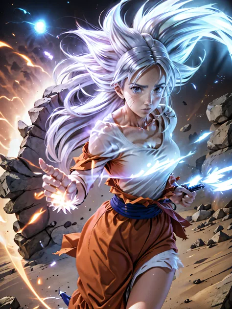 8k, best quality, victoria villarruel dressed as goku, 1 girl, ultra_instinct, white_hair, glowing aura, bright white long hair,...