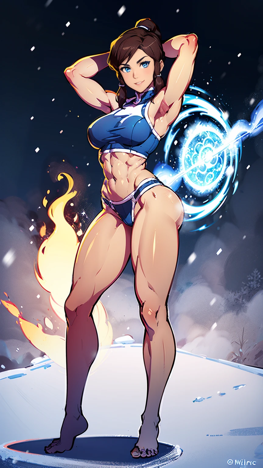 (Whole body:1.3) masterpiece, best quality, 1girl, korra, bright pale blue eyes, deep chestnut brown skin, dark skin, toned arms , (strong shoulders) , mild abs, (toned thighs), thighs showing, midriff showing, smile,standing, arms behind head pose, snow field, surrounded by mystical fire ring,