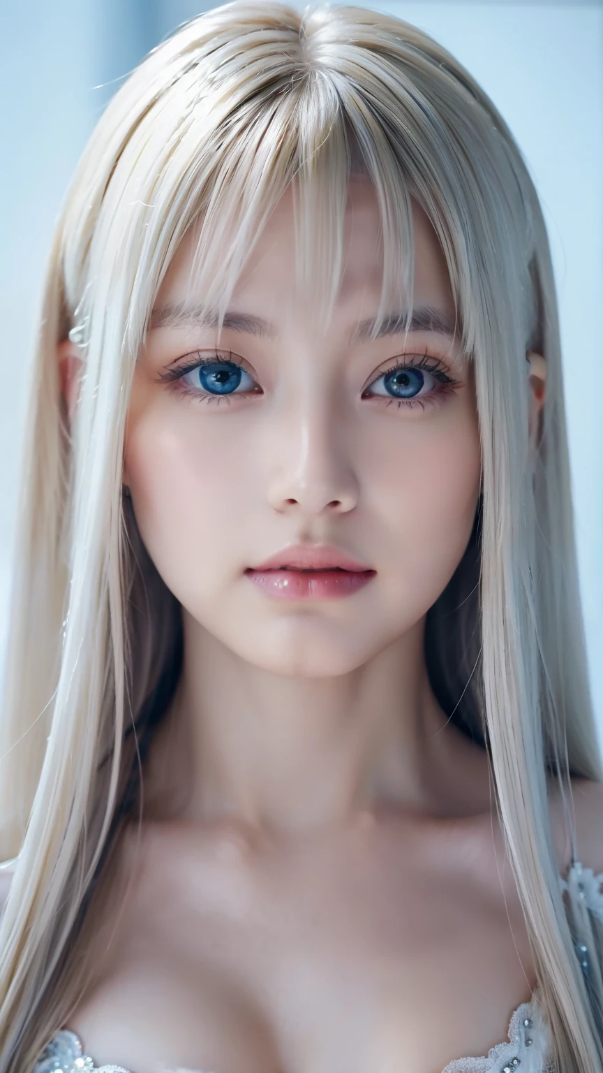 Very beautiful super long straight platinum blonde hair、Beautiful bangs between the eyes、The pieces fly, Highest quality, figure, Extremely detailed, High resolution, 8k wallpaper, Perfect dynamic composition, So beautiful、Large bright light blue eyes with shining detail、Very big eyes, Fitness Wear, Natural color lip,There is cleavage in the chest、Cheek gloss highlighter、White skin、Small Face Beauty、Beautiful girl at 22 years old、Round face