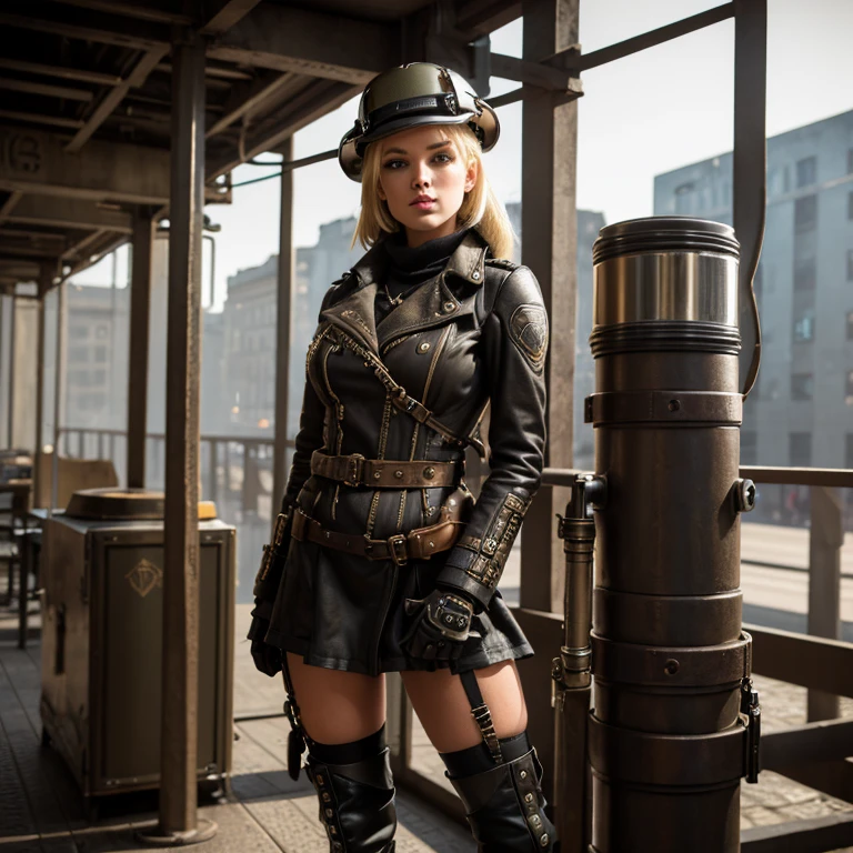 blonde, Dressed in dieselpunk style, ModelShooting style, (extremely detailed CG 8k wallpaper block), Photos of the most beautiful art in the world, majestic professional (photo by Steve McCurry), 8k contract, SLR camera, soft lighting, high quality, granularity, Fujifilm XT3 Sharp Focus, the same 5.6, high detail, Sharp Focus, dramatic, (wear dieselpunk style clothes), (I look at the viewer:1.2),  (natural light), (seductive)