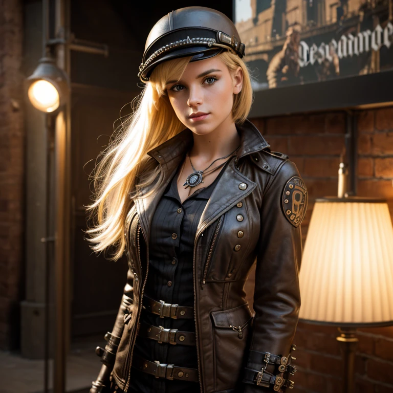 blonde, Dressed in dieselpunk style, ModelShooting style, (extremely detailed CG 8k wallpaper block), Photos of the most beautiful art in the world, majestic professional (photo by Steve McCurry), 8k contract, SLR camera, soft lighting, high quality, granularity, Fujifilm XT3 Sharp Focus, the same 5.6, high detail, Sharp Focus, dramatic, (wear dieselpunk style clothes), (I look at the viewer:1.2),  (natural light), (seductive)