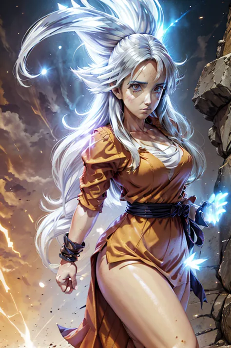 8k, best quality, masterpiece, victoria villarruel dressed as goku, 1 girl, ultra_instinct, white_hair, glowing aura, bright whi...