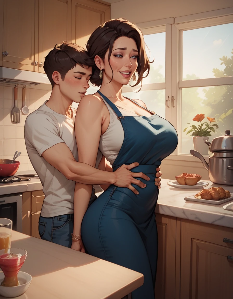 score_9, score_8_up, score_7_up, 1boy, 1girl, mature woman, (mother and son), boy, hand on waist, leaning on counter, in kitchen, penetration, boy with big penis, 22 year old boy,nsfw