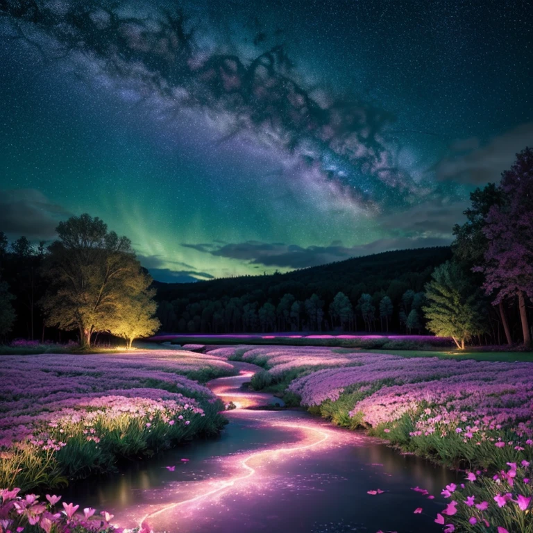 (magical pretty night sky green stream overlay scene), (sky), (clouds), soft lighting, clean background, Beautiful landscape, masterpiece, high quality, beautiful graphics, high detail, epic landscapes, USA, flowers, clouds, (night starry sky, river behind, huge old trees behind, Falling glowing pink petals behind)