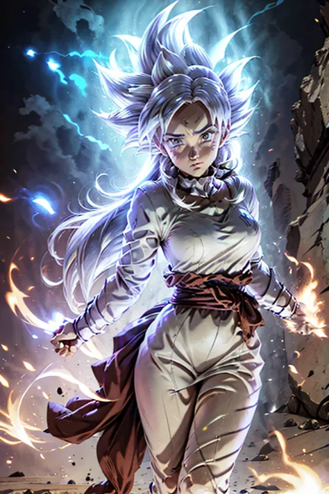 8k, best quality, masterpiece, victoria villarruel dressed as vegeta, 1 girl, ultra_instinct, white_hair, glowing aura, bright w...