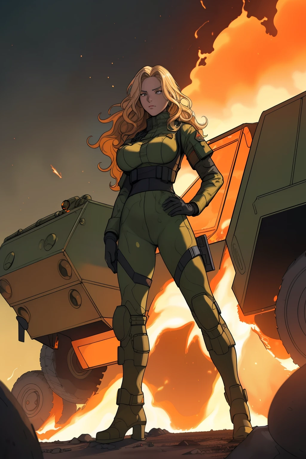 Woman with blonde, wavy hair cascading down her back, big breasts accentuated by her tactical military vest, positioned boldly amidst a chaotic dessert landscape filled with military vehicles and the ferocious tongues of flames from the cataclysmic explosions of explosive bombs. The scene, painted in high-contrast hues, showcases photorealistic details with a touch of abstract psychedelic neon accents that shiny on the burned metal of the military vehicles and the glowing orange fire. The woman's posture exudes confidence and strength as she gazes coolly into the distance, standing outstanding against the backdrop of this hostile environment. The image, a master