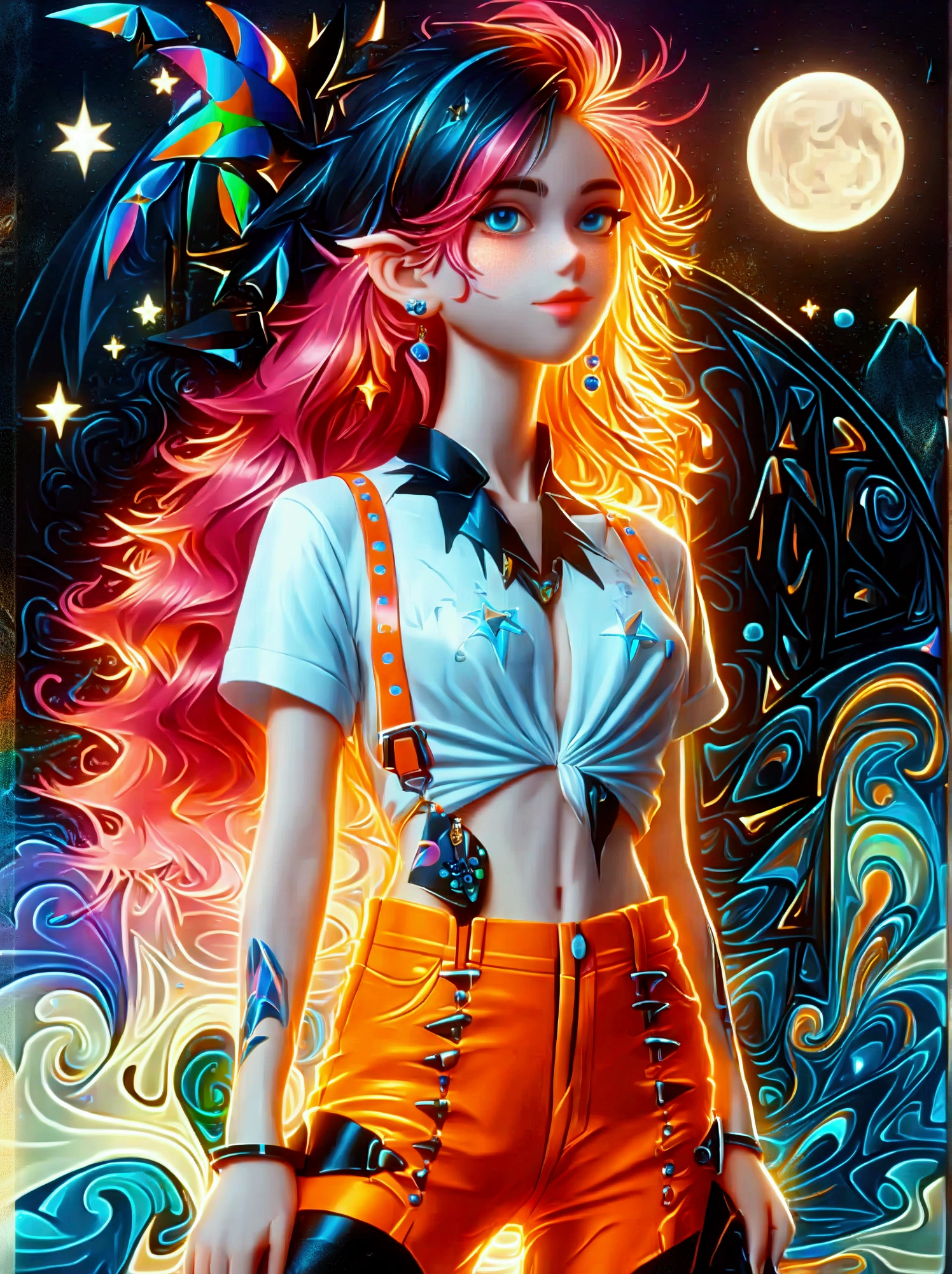 (A cute girl wearing a pink suspender)，(orange jeans:1.5)，(Black leather shoes:1.9)，front，(((whole body:1.6)))，Cartoon illustration，Created by Ms. Becca Doodlefly，Style: grunge rock beauty，sandara tang，Mixed Patterns，letter，Charming Character Illustrations，Folklore，dream，mystery，beauty，Aesthetic，Mainly realistic traditional style，The painting style is meticulous，Refreshing colors，HD，(8k，bright颜色，bright，Ultra high saturation，rgb, rich and colorful), cartoon，role conception，Surreal photos，dream花园，Aesthetic治愈，moon，Star，Aesthetic诗意，minimalist flat illustration