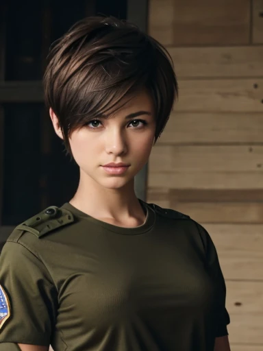 A 14 year old beautiful slim girl, short hair, tomboy hairstyle, breasts can be seen, wearing military suit, fighting.